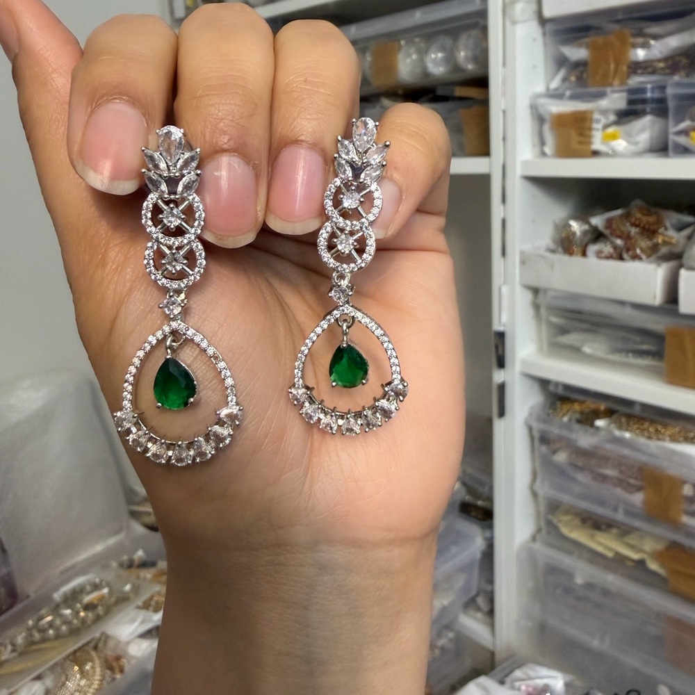Elegant Silver and Green Drop Earrings